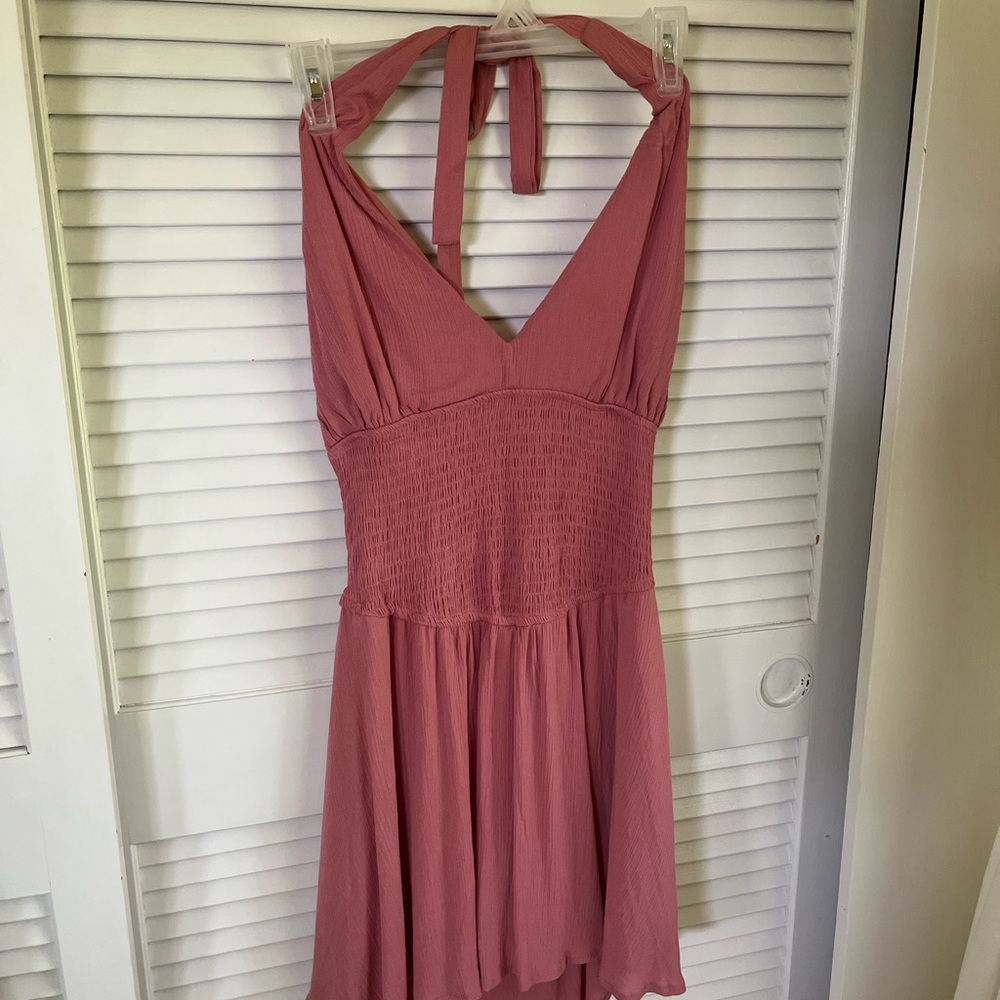 TIE NECK HALTER DRESS.